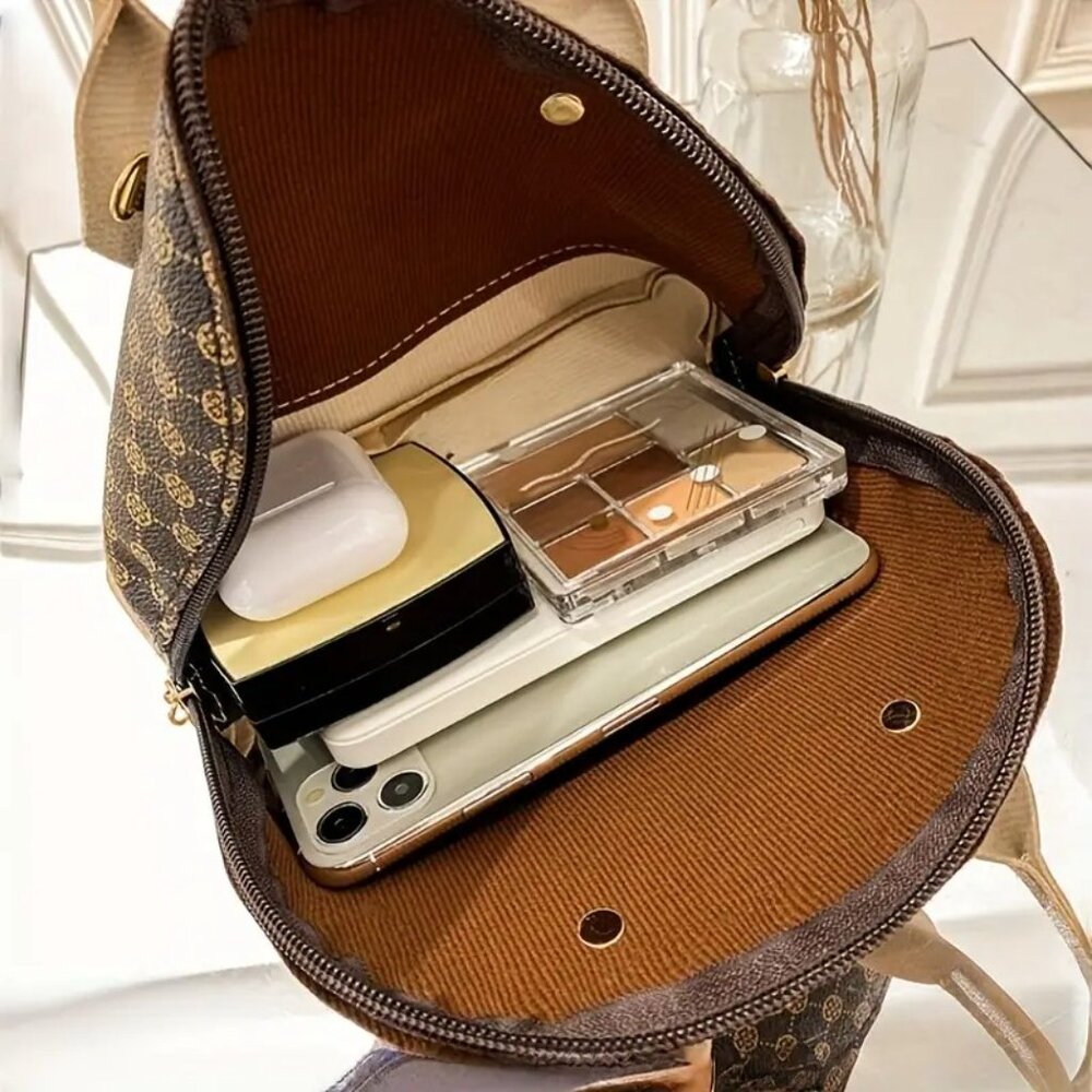 Small Dome Satchel Brown Patterned Bag w/Tone Trim & Gold Crossbody Chain Strap - Picture 4 of 6